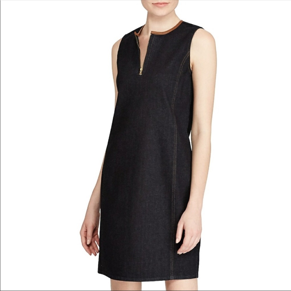Ralph Lauren Front Zip Leather Trim Denim Dress